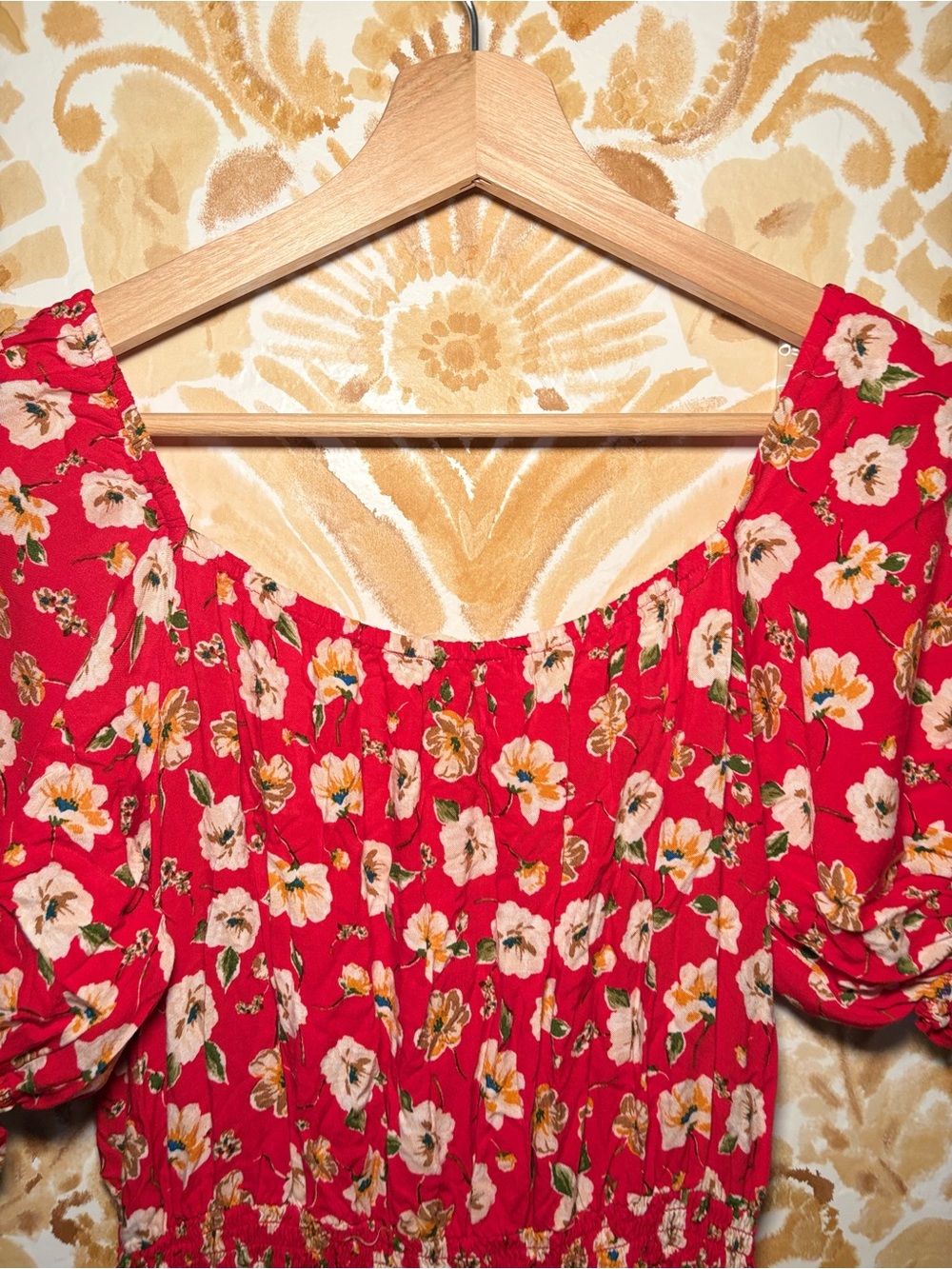 Red Floral Midi Dress Puff Sleeve Scoop Neck Fit Flare Cottagecore Boho Romantic - Picture 9 of 12